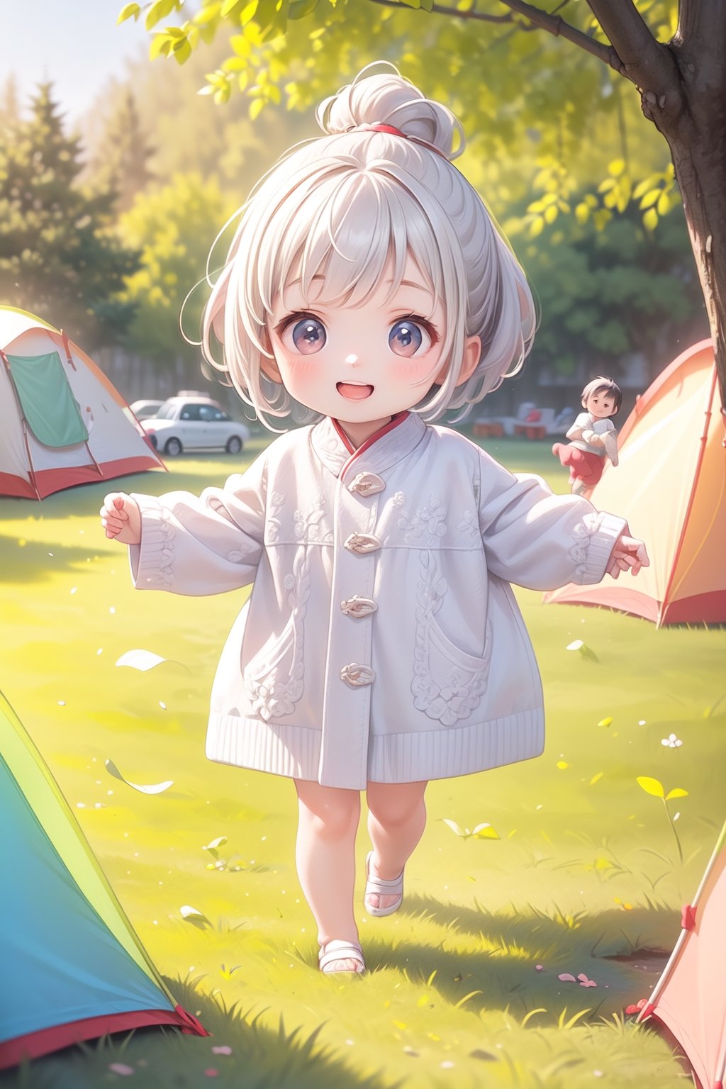 best quality, masterpiece, beautiful and aesthetic, vibrant color, Exquisite details and textures,  Warm tone, ultra realistic illustration,	(cute asian baby Boy, 4year old:1.5),	(Camping theme:1.4), camping with my friends,	cute eyes, big eyes,	(a smile on one's face:1.8),	16K, (HDR:1.4), high contrast, bokeh:1.2, lens flare,	siena natural ratio, children's body, anime style, 	Full length view,	long Wave gray hair,	a white wool coat,	ultra hd, realistic, vivid colors, highly detailed, UHD drawing, perfect composition, beautiful detailed intricate insanely detailed octane render trending on artstation, 8k artistic photography, photorealistic concept art, soft natural volumetric cinematic perfect light. 