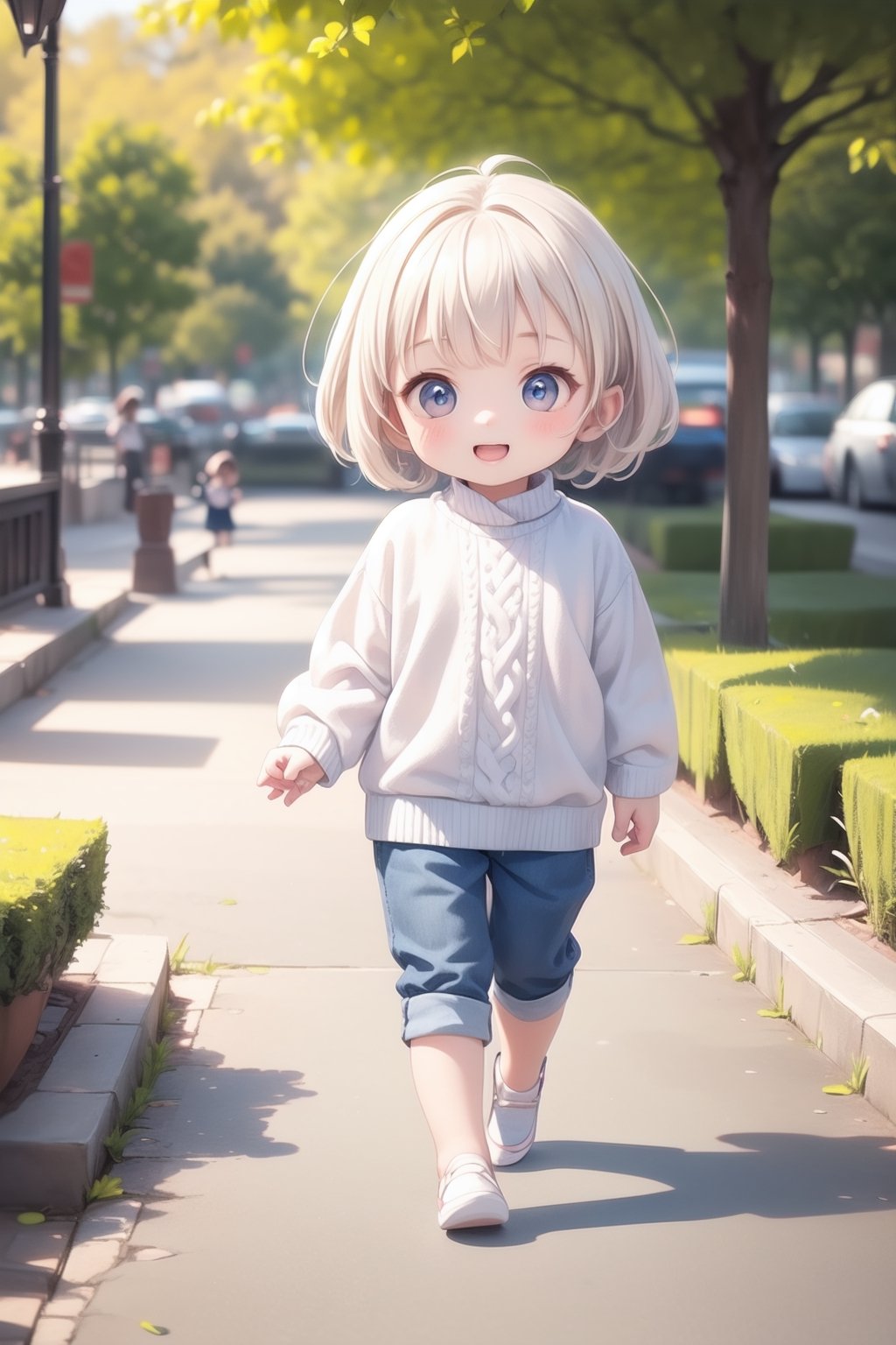 best quality, masterpiece, beautiful and aesthetic, vibrant color, Exquisite details and textures,  Warm tone, ultra realistic illustration,	(cute European girl, 5year old:1.5),	(walking theme:1.4), walking with a dog,	cute eyes, big eyes,	(a beautiful smile:1.3),	16K, (HDR:1.4), high contrast, bokeh:1.2, lens flare,	siena natural ratio, children's body, anime style, 	(random view:1.4), (random poses:1.4), 	long Straight blonde hair with blunt bangs,	wearing a white highneck long_sleeve knit sweater and jeans, 	ultra hd, realistic, vivid colors, highly detailed, UHD drawing, perfect composition, beautiful detailed intricate insanely detailed octane render trending on artstation, 8k artistic photography, photorealistic concept art, soft natural volumetric cinematic perfect light. 