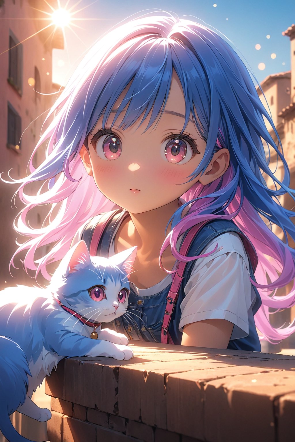 best quality, masterpiece, beautiful and aesthetic, vibrant color, Exquisite details and textures,  Warm tone, ultra realistic illustration,	(cute Latino girl, 9year old:1.5),	(playing theme:1.4), playing with a cat,	cute eyes, big eyes,	(a chic look:1.1),	16K, (HDR:1.4), high contrast, bokeh:1.2, lens flare,	siena natural ratio, children's body, anime style, 	(random view:1.4), (random poses:1.4), 	long Wave hair, (pink|blue hair:1.5), 	wearing a Hip-hop style outfits,	ultra hd, realistic, vivid colors, highly detailed, UHD drawing, perfect composition, beautiful detailed intricate insanely detailed octane render trending on artstation, 8k artistic photography, photorealistic concept art, soft natural volumetric cinematic perfect light. 