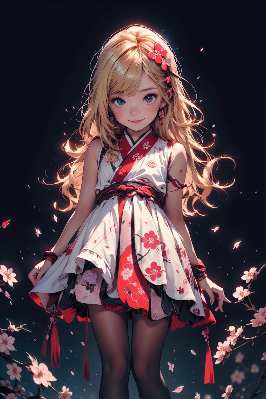 best quality, masterpiece, beautiful and aesthetic, vibrant color, Exquisite details and textures,  Warm tone, ultra realistic illustration,	(cute asian girl, 9year old:1.5),	(Cherry blossom theme:1.4),	cute eyes, big eyes,	(a beautiful smile:1.1),	cinematic lighting, ambient lighting, sidelighting, cinematic shot,	siena natural ratio, children's body, anime style, 	head to thigh portrait,	Short Wave blonde hair,	white wedding dress,	ultra hd, realistic, vivid colors, highly detailed, UHD drawing, perfect composition, beautiful detailed intricate insanely detailed octane render trending on artstation, 8k artistic photography, photorealistic concept art, soft natural volumetric cinematic perfect light. 