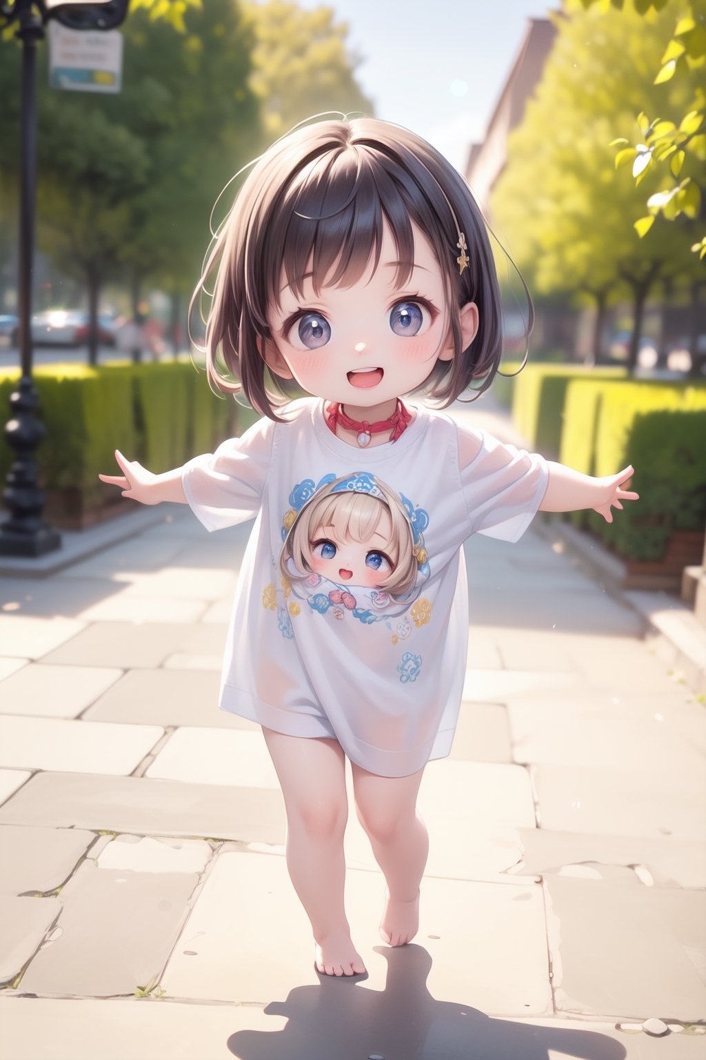 best quality, masterpiece, beautiful and aesthetic, vibrant color, Exquisite details and textures,  Warm tone, ultra realistic illustration,	(cute European baby girl, 4year old:1.5),	(Starlight theme:1.4),	cute eyes, big eyes,	(a big smile:1.5),	16K, (HDR:1.4), high contrast, bokeh:1.2, lens flare,	siena natural ratio, children's body, anime style, 	Full length view,	Straight brown hair with blunt bangs,	wearing a Cute printing T-shirt and shorts,	ultra hd, realistic, vivid colors, highly detailed, UHD drawing, perfect composition, beautiful detailed intricate insanely detailed octane render trending on artstation, 8k artistic photography, photorealistic concept art, soft natural volumetric cinematic perfect light. 