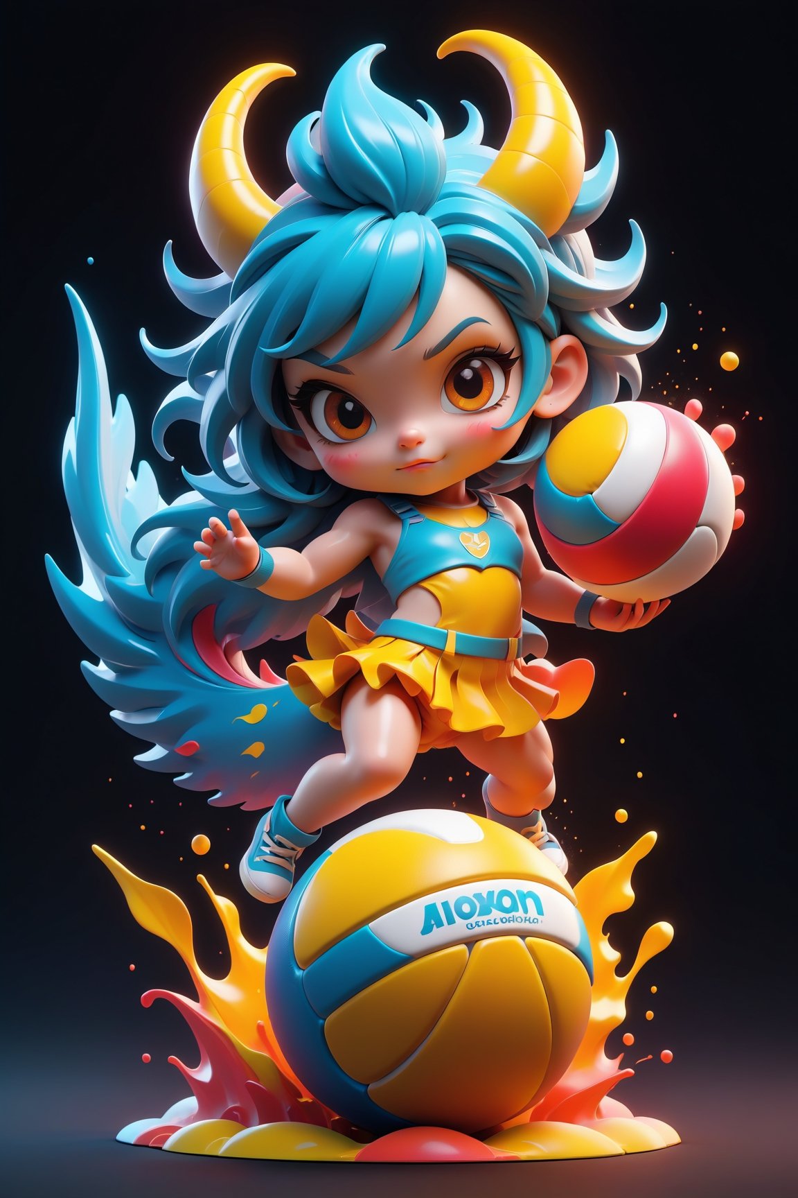 best quality, masterpiece, beautiful and aesthetic, vibrant color, Exquisite details and textures,  Warm tone, ultra realistic illustration,	Sticker, Chibi, colorful perfect 3d ink splash forming perfect detailed extreme close up perfect realistic a cute chibi dragon beach volleyball girl, Dragon Wings, 3d, toy style, beach volleyball ball, wearing a bikini in yellow and blue, ultra hd, realistic, vivid colors, highly detailed, UHD drawing, perfect extreme dark black background, perfect composition, beautiful detailed intricate insanely detailed octane render trending on artstation, 8k artistic photography, photorealistic concept art, soft natural volumetric cinematic perfect light, graffiti art, splash art, street art, spray paint, oil gouache melting, acrylic, high contrast, colorful polychromatic, ultra detailed, ultra quality, CGSociety,1dragon