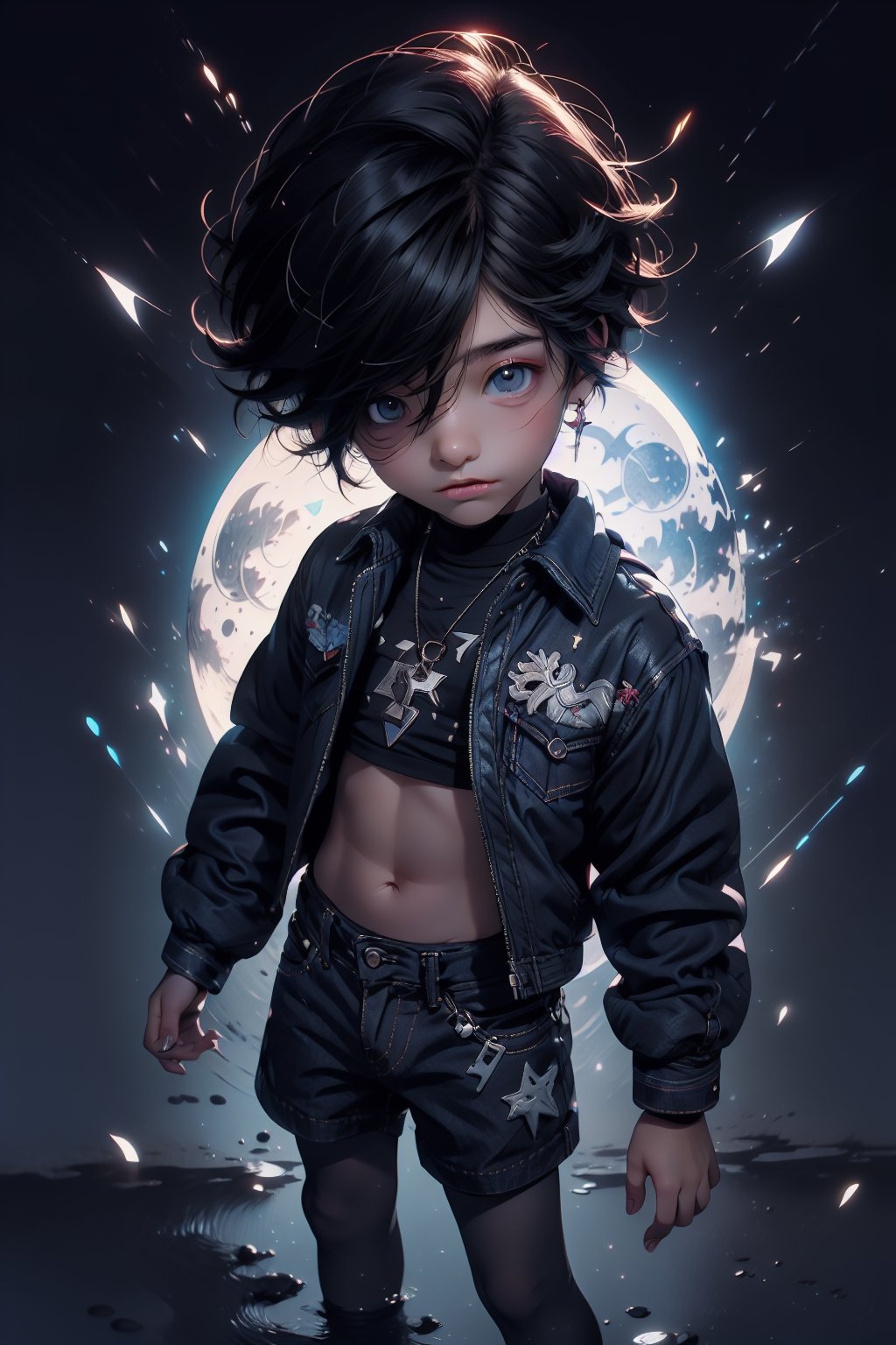 best quality, masterpiece, beautiful and aesthetic, vibrant color, Exquisite details and textures,  Warm tone, ultra realistic illustration,	(cute Latino Boy, 7year old:1.5),	(moonlight theme:1.4),	cute eyes, big eyes,	(a model look:1.4),	16K, (HDR:1.4), high contrast, bokeh:1.2, lens flare,	siena natural ratio, children's body, anime style, 	head to thigh portrait,	Short Wave black hair,	fur trimmed jacket, crop top, denim shorts, 	ultra hd, realistic, vivid colors, highly detailed, UHD drawing, perfect composition, beautiful detailed intricate insanely detailed octane render trending on artstation, 8k artistic photography, photorealistic concept art, soft natural volumetric cinematic perfect light. 