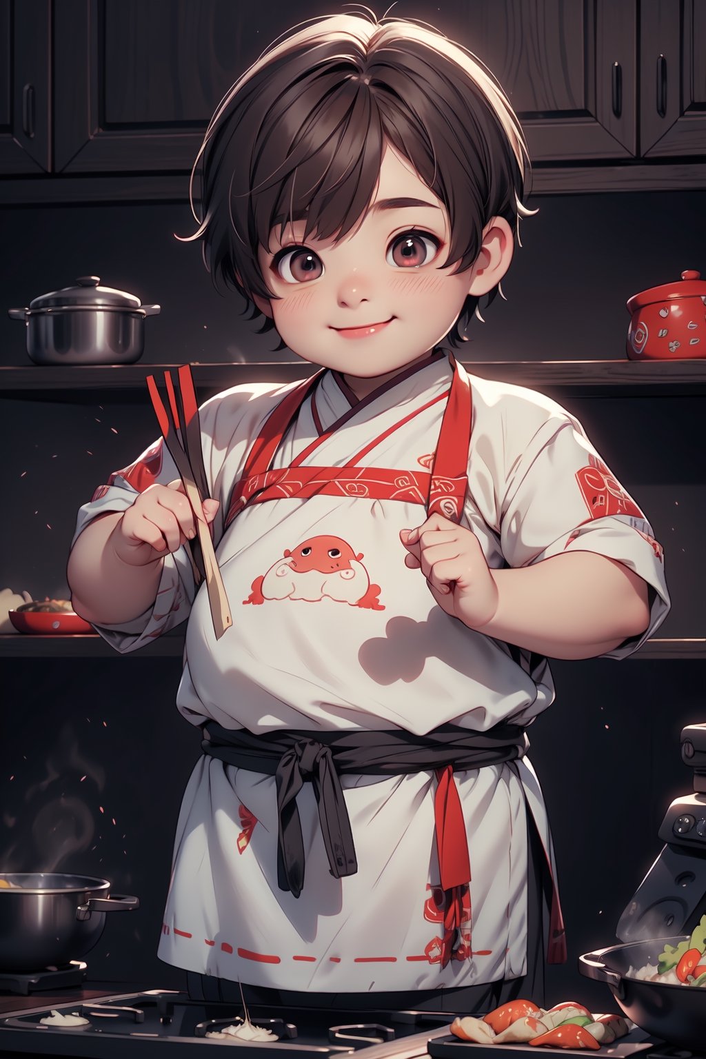 best quality, masterpiece, beautiful and aesthetic, vibrant color, Exquisite details and textures,  Warm tone, ultra realistic illustration,	(cute asian fat Boy, 8year old:1.5), (cooking theme:1.4), cute eyes, big eyes,	(a beautiful smile:1.3),	cinematic lighting, ambient lighting, sidelighting, cinematic shot,	siena natural ratio, children's body, anime style, 	head to thigh portrait,	Short Wave dark brown hair,	a cook's outfit,	ultra hd, realistic, vivid colors, highly detailed, UHD drawing, perfect composition, beautiful detailed intricate insanely detailed octane render trending on artstation, 8k artistic photography, photorealistic concept art, soft natural volumetric cinematic perfect light.