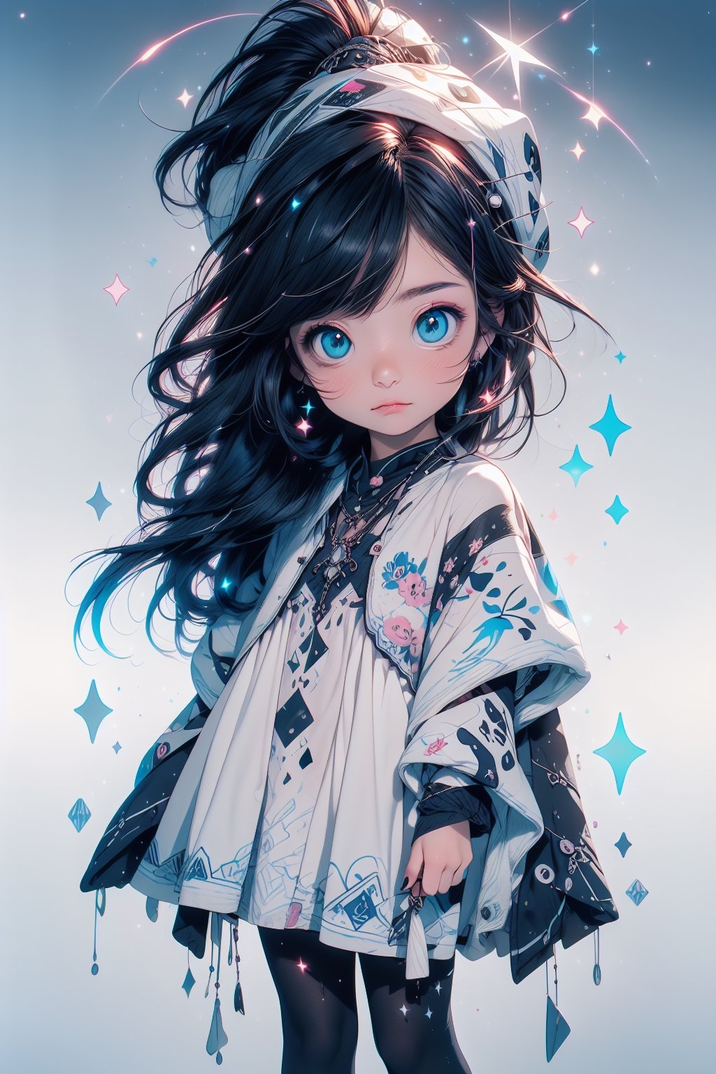 best quality, masterpiece, beautiful and aesthetic, vibrant color, Exquisite details and textures,  Warm tone, ultra realistic illustration,	(cute Latino girl, 8year old:1.5),	(Starlight theme:1.4),	cute eyes, big eyes,	(a curious look:1.4),	16K, (HDR:1.4), high contrast, bokeh:1.2, lens flare,	siena natural ratio, children's body, anime style, 	half body view,	pink ponytail hairstyle,	a wearing a beautiful white outfit and furry white hat,	ultra hd, realistic, vivid colors, highly detailed, UHD drawing, perfect composition, beautiful detailed intricate insanely detailed octane render trending on artstation, 8k artistic photography, photorealistic concept art, soft natural volumetric cinematic perfect light. 