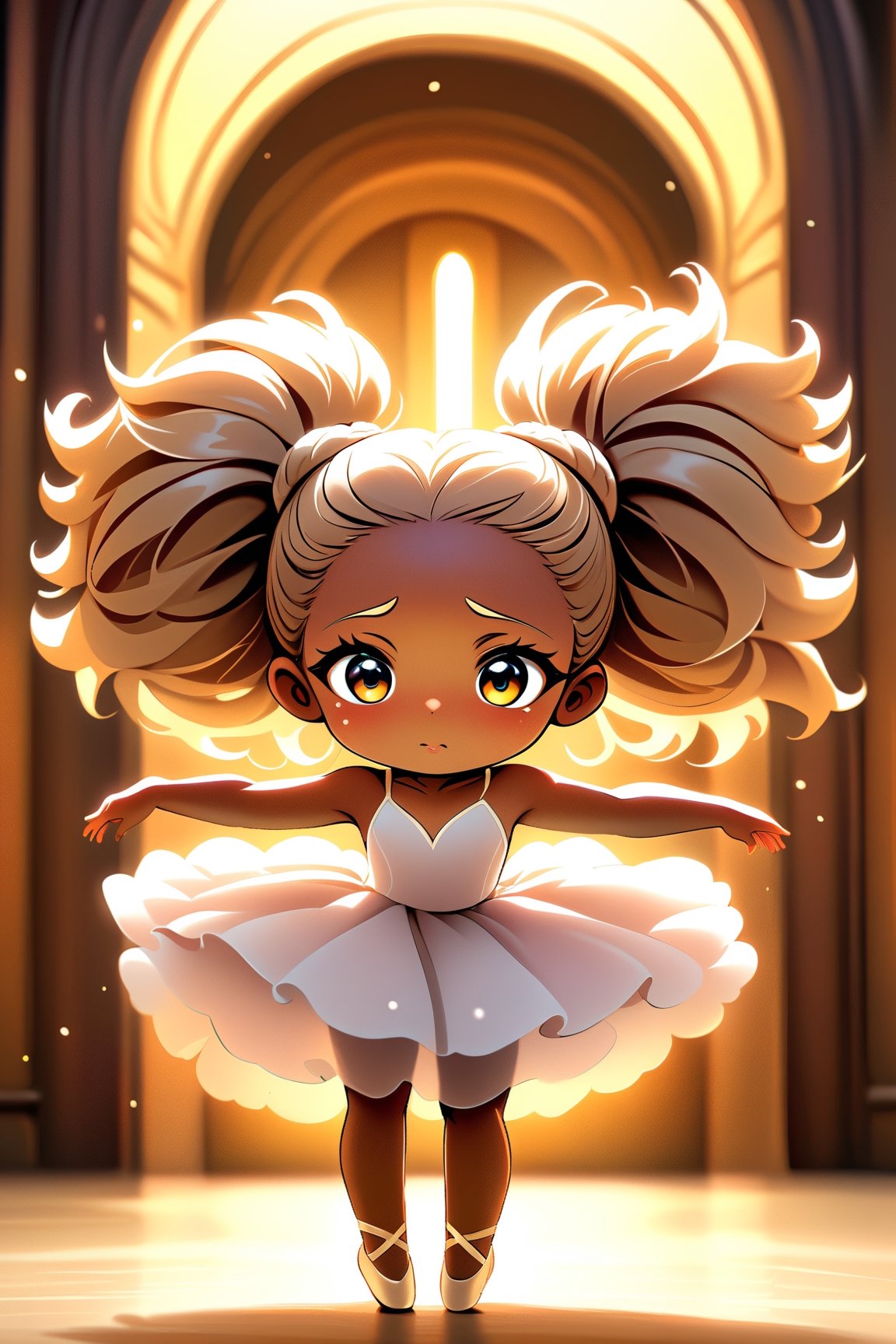 best quality, masterpiece, beautiful and aesthetic, vibrant color, Exquisite details and textures,  Warm tone, ultra realistic illustration,	(cute African- American girl, 6year old:1.5),	(Ballet theme:1.4),	cute eyes, big eyes,	(a crying face:1.1),	16K, (HDR:1.4), high contrast, bokeh:1.2, lens flare,	siena natural ratio, children's body, anime style, 	head to toe,	long Straight blonde hair with blunt bangs,	wearing a cute silk dress,	ultra hd, realistic, vivid colors, highly detailed, UHD drawing, perfect composition, beautiful detailed intricate insanely detailed octane render trending on artstation, 8k artistic photography, photorealistic concept art, soft natural volumetric cinematic perfect light. 