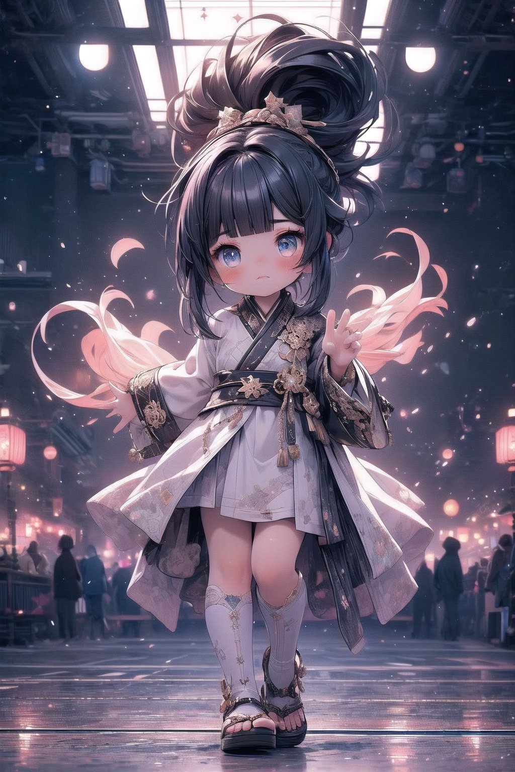best quality, masterpiece, beautiful and aesthetic, vibrant color, Exquisite details and textures,  Warm tone, ultra realistic illustration,	(cute asian girl, 7year old:1.5),	(Starlight theme:1.4),	cute eyes, big eyes,	(a chic look:1.5),	16K, (HDR:1.4), high contrast, bokeh:1.2, lens flare,	siena natural ratio, children's body, anime style, 	(random view:1.4), (random poses:1.4), 	dark brown ponytail hairstyle with blunt bangs, 	white wedding dress,	ultra hd, realistic, vivid colors, highly detailed, UHD drawing, perfect composition, beautiful detailed intricate insanely detailed octane render trending on artstation, 8k artistic photography, photorealistic concept art, soft natural volumetric cinematic perfect light. 