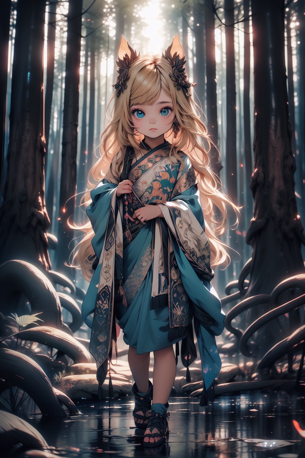 best quality, masterpiece, beautiful and aesthetic, vibrant color, Exquisite details and textures,  Warm tone, ultra realistic illustration,	(cute India girl, 6year old:1.5),	(Forest theme:1.4),	cute eyes, big eyes,	(a sullen look:1.4),	16K, (HDR:1.4), high contrast, bokeh:1.2, lens flare,	siena natural ratio, children's body, anime style, 	Full length view,	Short Wave blonde hair,	pastel dress with abundant cascade of ruffles,	ultra hd, realistic, vivid colors, highly detailed, UHD drawing, perfect composition, beautiful detailed intricate insanely detailed octane render trending on artstation, 8k artistic photography, photorealistic concept art, soft natural volumetric cinematic perfect light. 