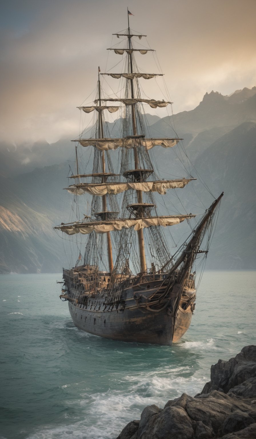 A weathered pirate ship with sails-of-the-line, worn and weary from years at sea, dominates the frame. Dirt-covered equipment and tattered sails stained white with grime hang limply, as a breathtaking sunset casts gentle shadows behind the vessel, imbuing the scene with an ethereal ambiance. Soft hues of blue, gray, and green predominate, punctuated by rusty orange-yellows and teal accents on the ship's worn features. The background transitions seamlessly from the sharp focus on the ship to a loose, impressionistic mountainscape, shrouded in mist. Muted brushstrokes add depth and movement, while hazy lighting creates a dystopian atmosphere.