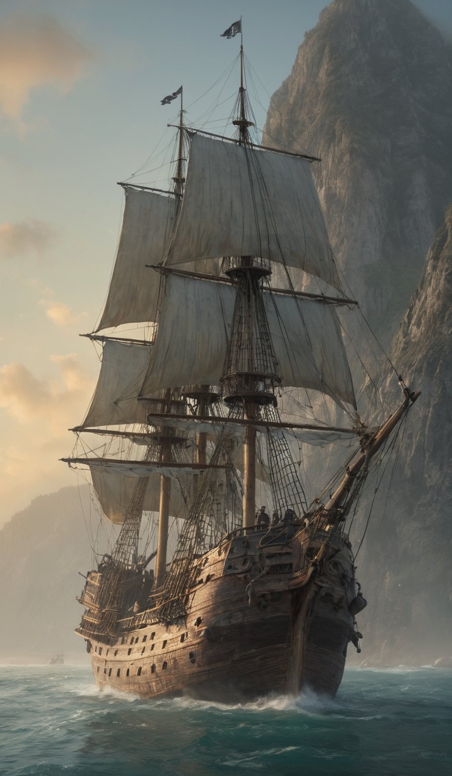 A worn, pirate ship with sails-of-the-line dominates the frame, its weathered hull a testament to years at sea. , highlighting dirt-covered equipment and tattered sails stained white with grime. A breathtaking sunset behind the vessel casts gentle shadows, imbuing the scene with an ethereal ambiance. Soft hues of blue, gray, and green predominate, punctuated by rusty orange-yellows and teal accents on the ship's worn features. The background transitions seamlessly from the sharp focus on the ship to a loose, impressionistic mountainscape, its indistinct forms shrouded in mist. Muted brushstrokes add depth and movement, while hazy lighting creates a dystopian atmosphere.