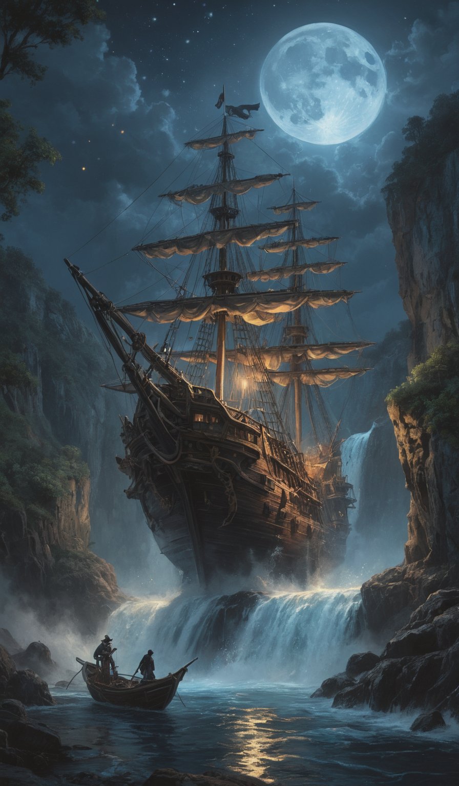 A dreamlike landscape bathed in the soft glow of a blue moon and stars, where a ghostly pirate ship teeters precariously at the edge of a high waterfall. The scene is set against a backdrop of dark night, with thick brushstrokes characteristic of oil painting techniques used to create a sense of depth and texture. The composition is masterfully crafted, with elements of high contrast and brilliant design guiding the viewer's eye through the intricate details. Oil on canvas, 12k resolution, capturing the essence of romantic impressionism.