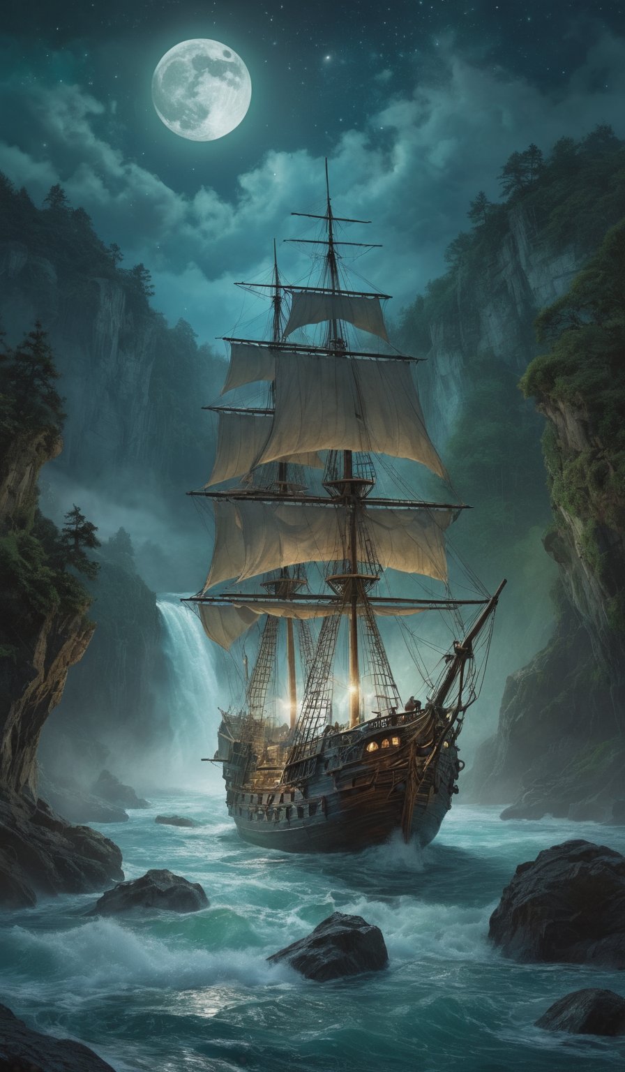 Under the radiant blue moon and twinkling stars, a ghostly pirate ship teeters precariously at the edge of a roaring waterfall. The night air is heavy with mist as the ship's weathered sails billow in the windless darkness. Brushstrokes of deep blues and velvety greens swirl together, evoking a sense of mystery and romance. In the foreground, a delicate crescent moon casts an ethereal glow on the turbulent water below. Thick, textured strokes add depth and dimension to this breathtaking digital painting, reminiscent of the works of Karol Bok, Brian Froud, Wendy Froud, Guy Davis, and Sergio Sandoval.