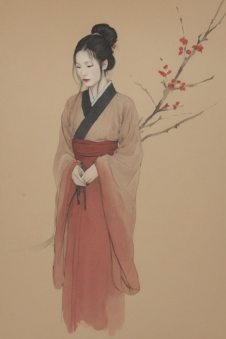 (ink drawing), (ink on parchment) dark moody minimal portrait of a chinese model emerging from the shadows, wearing traditional clothes, upper body, (red-monochrome), blossomed cherry flowers, muted colors