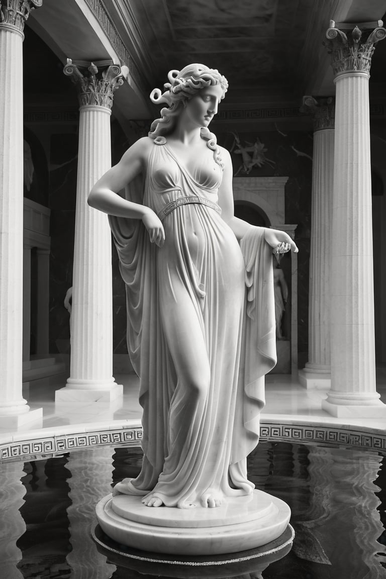 (grayscale), a breathtaking photograph captures a luminous white marble sculpture of a Greek mythologycal creature, Medusa, (a mythological being, a hideous woman with snakes instead of hair), (a white robe covering her body), her ivory skin radiating with dewy sheen within a majestic marble room. ethereal light caresses the curves of her statuesque form as gentle mist from the fountain creates a mystical ambiance, surrounded by intricate carvings and ornate sculptures., (greek mythology style)