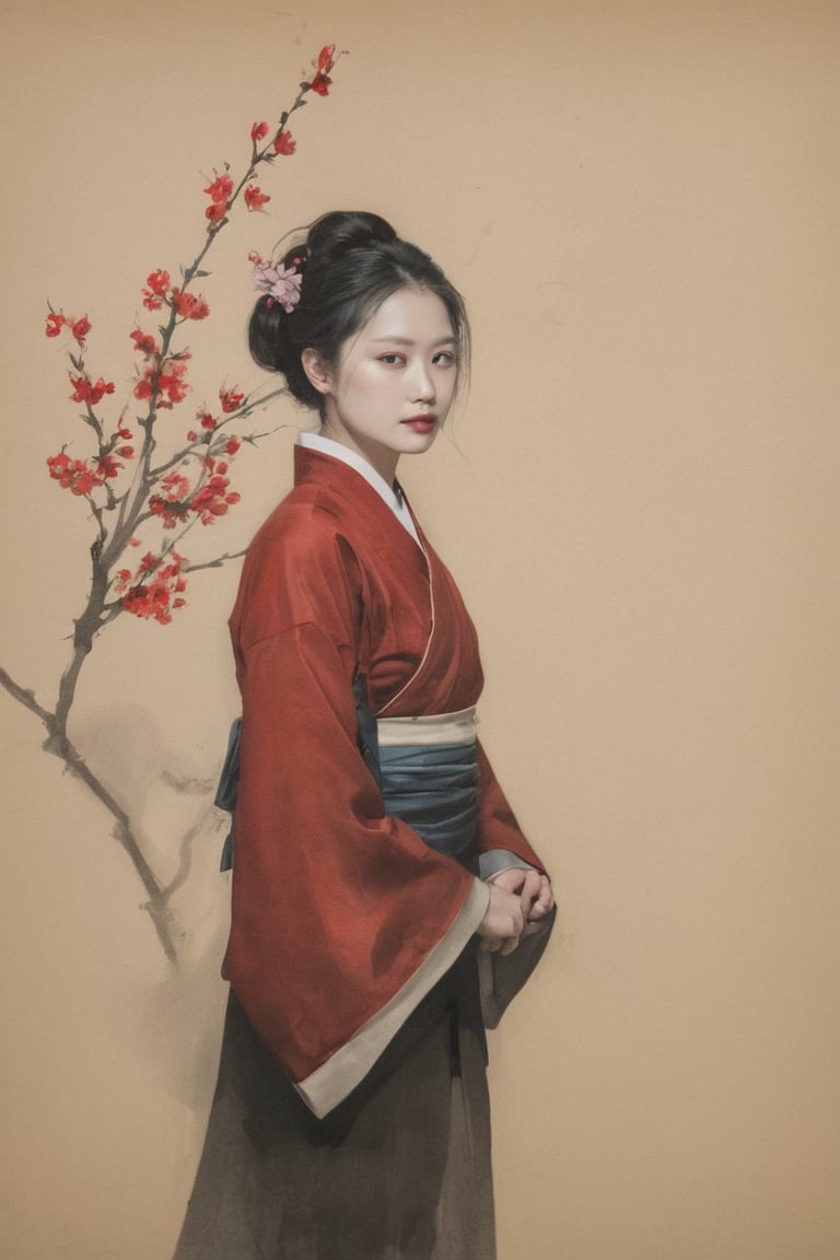 (ink drawing), (ink on parchment) dark moody minimal portrait of a chinese model emerging from the shadows, wearing traditional clothes, upper body, (red-monochrome), blossomed cherry flowers, muted colors