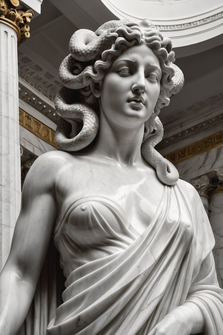 (grayscale), (upper body), a breathtaking photograph captures a luminous white marble sculpture of a Greek mythologycal creature, Medusa, (a mythological being, a hideous woman with snakes instead of hair), (a white robe covering her body), her ivory skin radiating with dewy sheen within a majestic marble room. ethereal light caresses the curves of her statuesque form, creates a mystical ambiance, surrounded by intricate carvings and ornate sculptures., (greek mythology style)