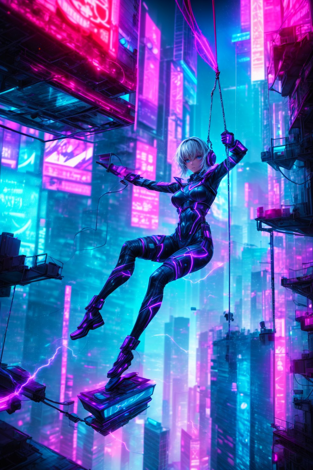 A mysterious girl from the future, body reinforced with plasma, futuristic, dark atmosphere, skyline, ((using electric ropes to swing from building to building)), (electric ropes), (((dynamic picture))), (((dynamic pose))),
swinging, light particles, electric particles, a rainey night, water particles, cyberpunk clothing style, cyberpunk, fascinating city skyline, perfect composition, ,furure_urban