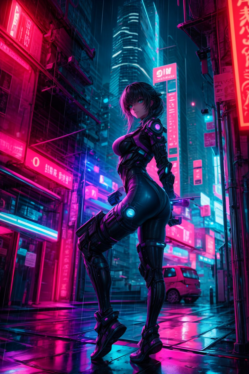 A futuristic, dark atmosphere prevails as a mysterious girl from the future, her body reinforced with plasma, effortlessly swings from building to building using electricity. The rainy night sky is illuminated by light particles and electric sparks, casting an otherworldly glow on the fascinating city skyline. Her cyberpunk clothing style glistens in the dim light, perfectly framed against the urban landscape as she assumes a dynamic pose, her movements seemingly defying gravity.