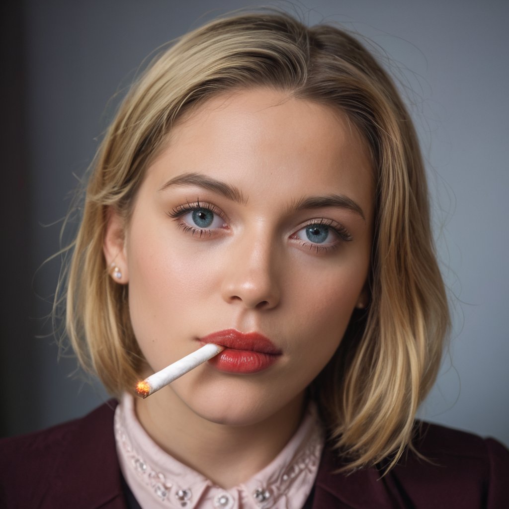 score_9,score_8_up,score_7_up, (masterpiece,best quality,highres,photorealistic:1.2), photo of a 33yo woman,scarlett johansson,blonde hair,dress in gold and red, looking at viewer,(woman with a cigarette in her mouth:1.4),(cigarette smoke:1.4), light passing through hair,blurry background, steampunk,in station, cinematic lighting, (high resolution), (photorealistic:1.4), (extremely intricate),(exquisitely detailed), highly detailed, highres, original, extremely detailed 8K wallpaper,best quality, illustration, detailed face, ultra-detailed, raw photo, realistic, dark mascara, (bright pink glossy lipstick)
