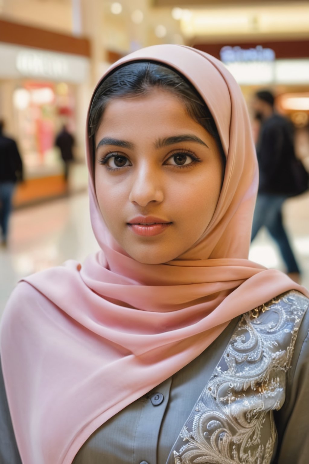  18 years Indian Muslim girl,  realistic image, at mall