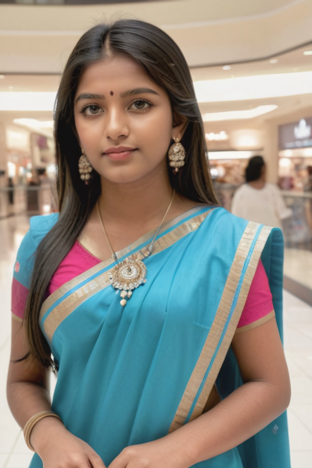  18 years Indian girl,  realistic image, at mall
