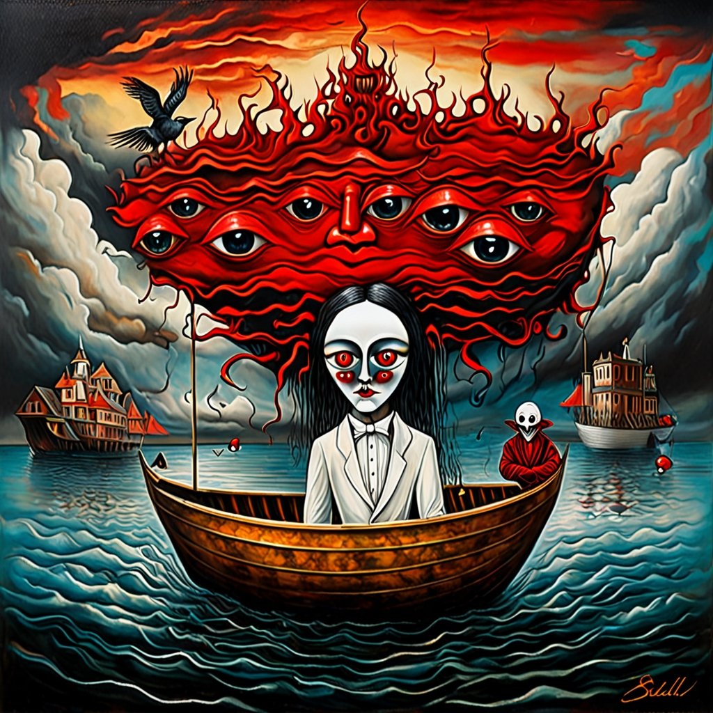 couple with a  man, a bright white face, and women dark black face with red eyes looking straight at you in a boat More surrealism and madness.much more surrealism and crazy designs. With gold and cardinal red surreal Salvador Dali clouds coming out of her head.more surrealism and bizarre designs with bright vibrant colours lowbrow art style, surreal 8k,oil paint , in the style of esao andrews