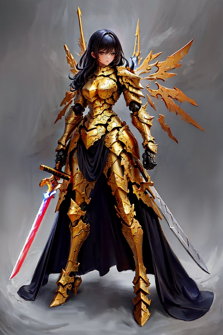 (masterpiece, best quality:1.2), Character design, ((1mecha girl, solo)), warrior of xian, slim body, medium chest, skinny waist, ((long black hair)). blue eyes. (((golden fantasy armor a female knight in a golden full armor))), (((big pauldrons, intricate details))), (((large armor wings))), (((advanced weapon fantasy plasma sword in right hand))), (standing), plain gray background, masterpiece, HD high quality, 8K ultra high definition, ultra definition,1 girl, Masterpiece