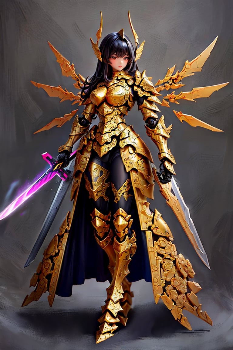 (masterpiece, best quality:1.2), Character design, ((1mecha girl, solo)), warrior of xian, slim body, medium chest, skinny waist, ((long black hair)). blue eyes. (((golden fantasy armor a female knight in a golden full armor))), (((big pauldrons, intricate details))), (((large armor wings))), (((advanced weapon fantasy plasma sword in right hand))), (standing), plain gray background, masterpiece, HD high quality, 8K ultra high definition, ultra definition,1 girl, Masterpiece