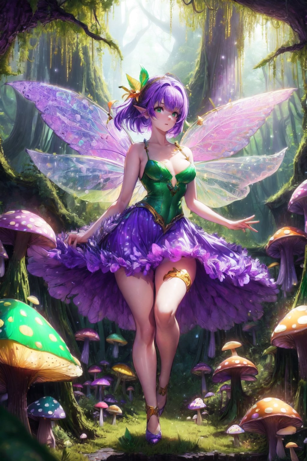 (masterpiece), full body view, flying, best quality, (tiny fairy flying through giant mushroom forest), (translucent purple wings), purple hair, green eyes, full red lips, ((medium breasts), curvy), (cute short dress made of green leaves), (golden hour light), misty forest,DonMF41ryW1ng5XL,more detail XL,DonMG414 ,DonMF41ryW1ng5