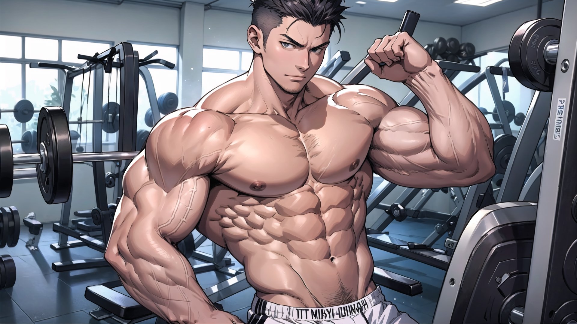 anime young guy,  Medium muscles in a gym,  working out,  Science-Fiction,  Bodybuilding,  inspired by Kim Eung-hwan, topless, medium muscles,  strong shoulders,  inspired by Yeong-Hao Han,  Super buff and cool,  slim but muscular.