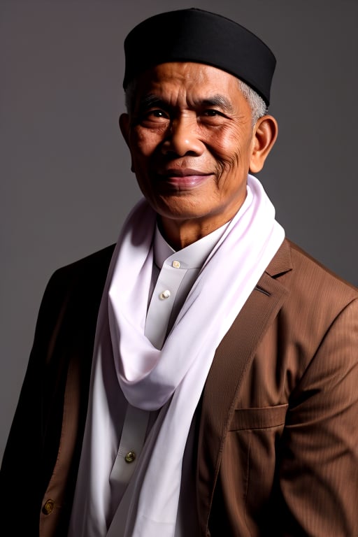 Hyperrealistic photo, 60 year old Indonesian Islamic religious figures man, wearing a white traditional 'koko shirt' with a Mandarin collar shirt under a black blazer,  He wore a green 'rida' (shoulder shawl) draped over his shoulders and wore a black Indonesian peci cap, smiling at the camera with his arms in a ready position, gray background. Use soft photography lighting. Hair lighting, top lighting, side lighting, high quality photos, UHD, 16K,mature