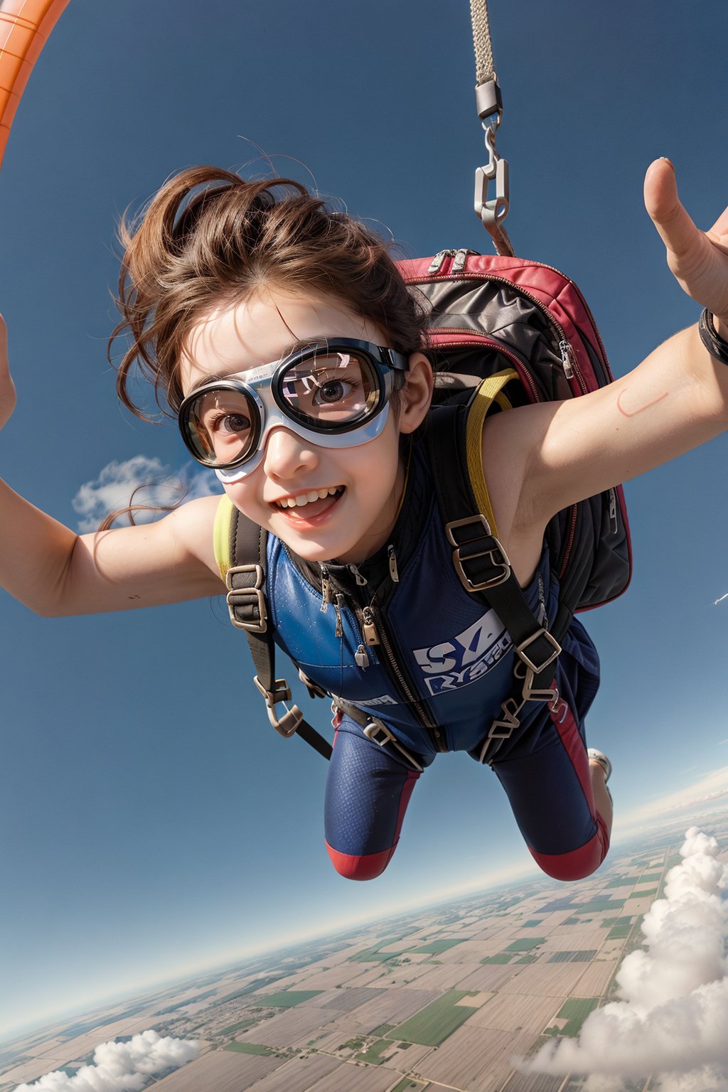 (Arealistic image of a woman skydiving with a sense of speed and excitement), wearing shorts, (free-falling skydiving through the sky:1.1), (perfect skydiving 

free fall pose:1.2), with her hair and cleavage clothes fluttering in the wind, 

the background is a bright, clear sky with 

a few fluffy clouds, wearing a colorful and cute outfit with vibrant patterns, skydiving backpack, (detailed skydiving goggles:1.3), the woman's face is clearly visible, showing ajoyful and exhilarated expression, 

,SteampunkCh,zzxxzz