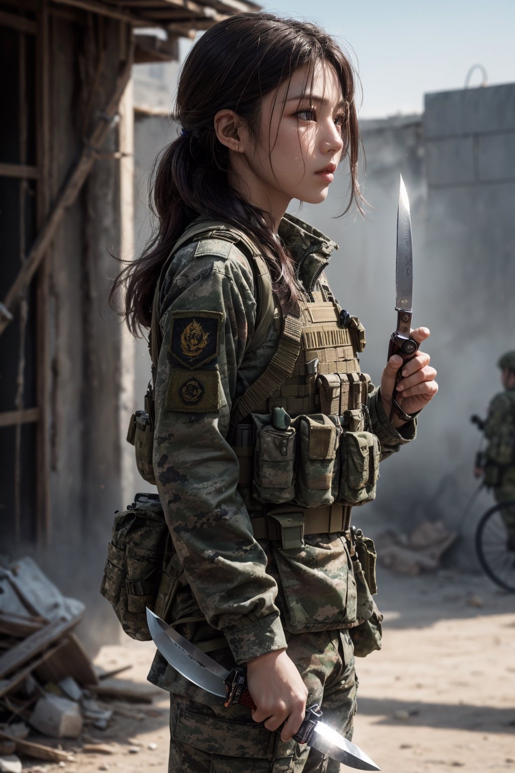 War documentary reconnaissance mission, Afghanistan in 2022, Afghan anti-terrorist war, twilight, low angle, close-up of young Japanese beautiful girl private military company soldier, (combat training with knife in hand between reconnaissance missions:1.4) , images that capture human nature amidst chaos, graphic realism, tactical bulletproof vests, award-winning photography, saturated colors , 8K UHD, DSLR, high quality, Fujifilm (side shot)