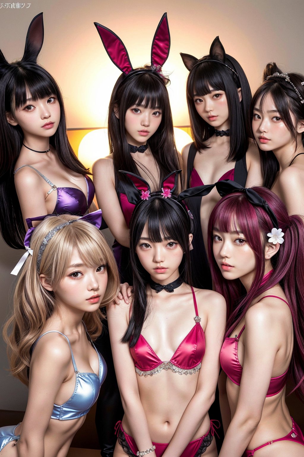 (Multiple slender Japanese super cute girls huddled together looking at the viewer,)High cut Playboy bunny  outfits, random hair, various hair ornaments, various accessories, various female focus, makeup, parody, (6+ girls), realistic, various faces, various hair colors, various eye colors, various ages, (various boob sizes,)All slender, skinny、Playboy Bunny,