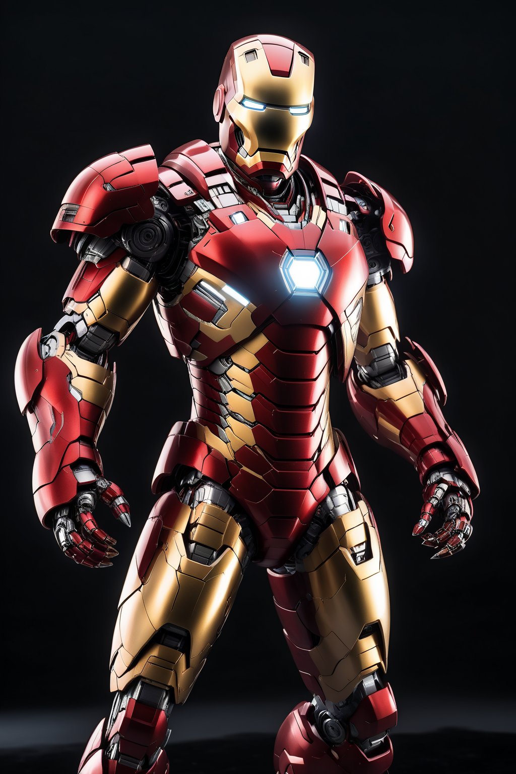 ironman mecha robo soldier character, mark 42, anthropomorphic figure, wearing futuristic mecha soldier armor and weapons, reflection mapping, realistic figure, hyperdetailed, cinematic lighting photography, 32k uhd with a golden staff, red lighting on suit, laboratory background 

By: panchovilla,mecha