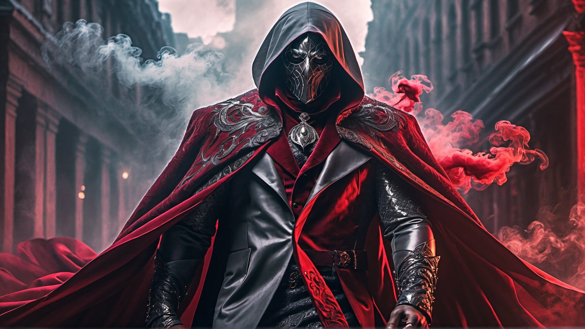 mesmerizing portrait, half turn, a man in a dark mask elegantly melts into (((grey smoke))) while adorned in intricate extravagant crimson cape and dark clothes, (((spawn))), the blend of his cape gracefully hides his figure and the ethereal smoke creates a surreal and captivating image, desperate city background, hyper-detailed fantasy character, cinematic lighting 