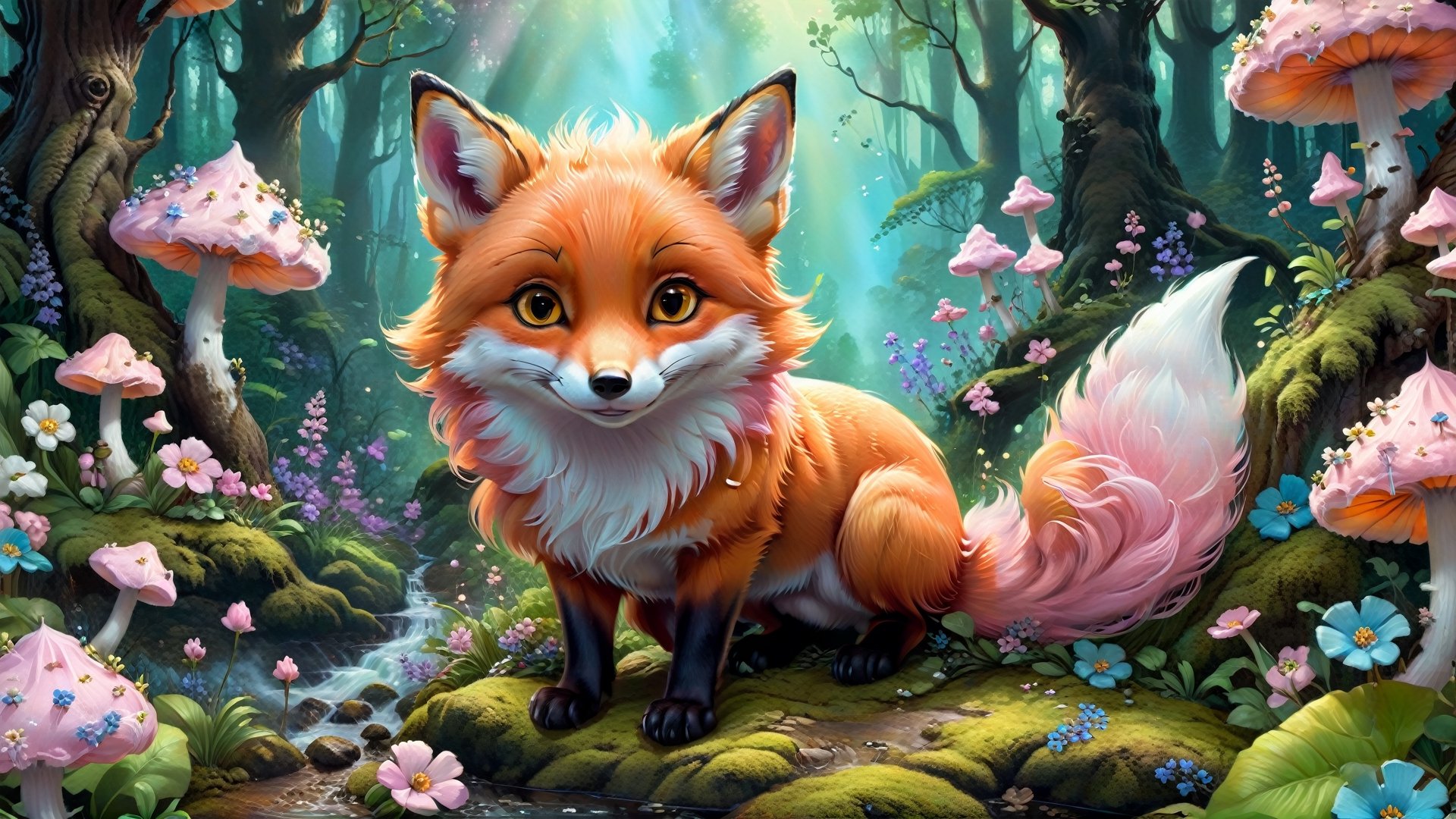Pastel palette, bathed in dreamy soft pastel hues, pastelpunk aesthetic fantasycore art, oil-painting, a cute fox in a beautiful forest with fungus and flowers, close up, centered image, ultra detailed illustration, (tetradic colors), whimsical, enchanting, fairy tale, (ink lines:1.1), strong outlines, art by MSchiffer, bold traces, unframed, high contrast, (cel-shaded:1.1), vector, 32k resolution, best quality, flat colors, flat lights, impossible dream, cotton candy hues