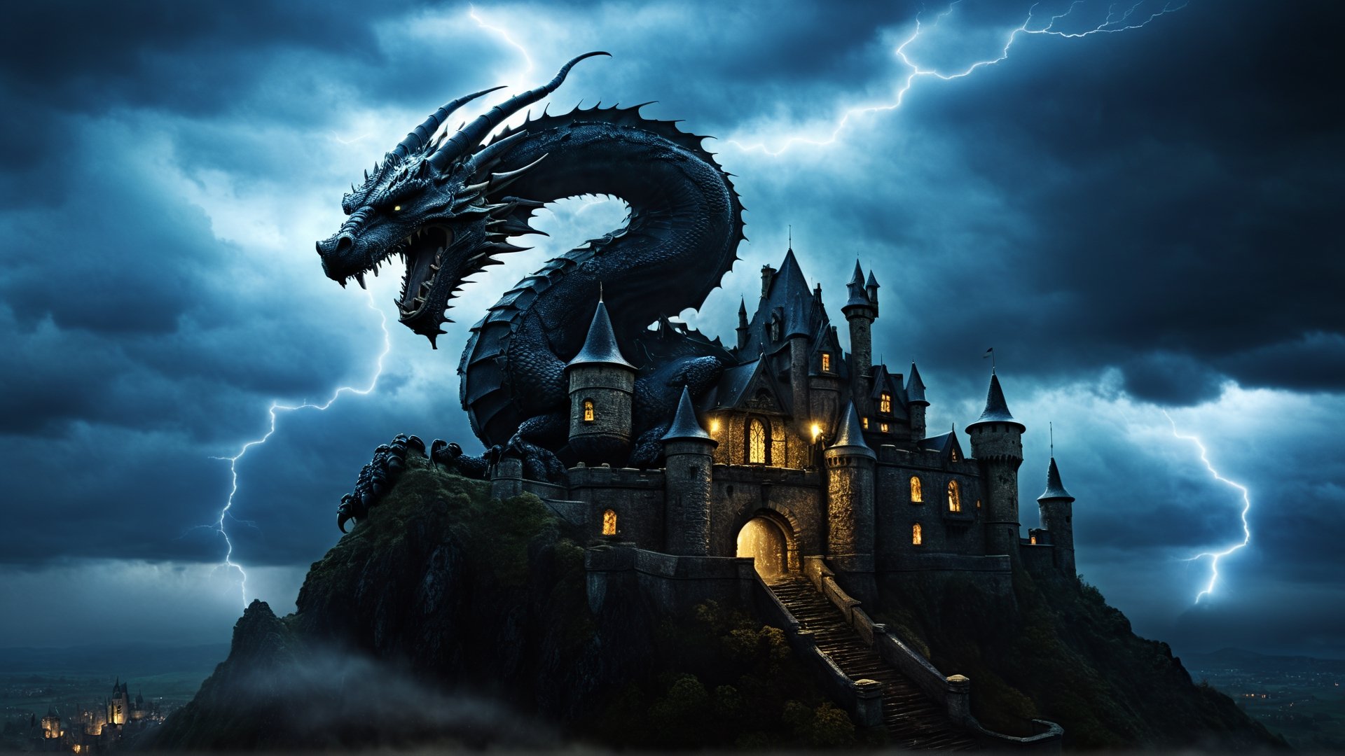 masterpiece, best quality, extremely detailed, 4k, scary setting, fog, haunted, horror, dark scenery, dimly lit, B, Fantasy illustration of a dragon perched on a castle, with a stormy sky and lightning in the background, fantasy horror art, photorealistic dark concept art, in style of dark fantasy art,  detailed 4k horror artwork, stefan koidl inspired, ((stefan koidl)), detailmaster2, DonMn1ghtm4reXL, Movie Still