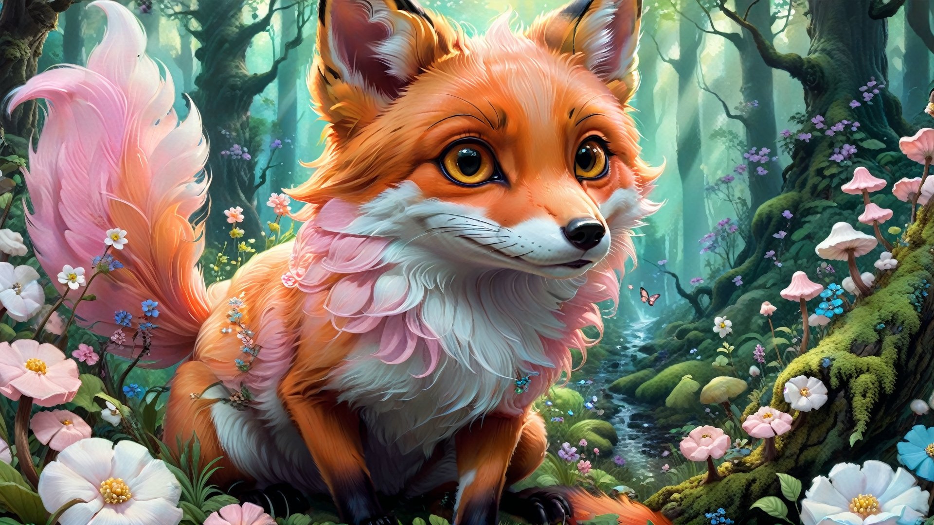 Pastel palette, bathed in dreamy soft pastel hues, pastelpunk aesthetic fantasycore art, oil-painting, a cute fox in a beautiful forest with fungus and flowers, close up, centered image, ultra detailed illustration, (tetradic colors), whimsical, enchanting, fairy tale, (ink lines:1.1), strong outlines, art by MSchiffer, bold traces, unframed, high contrast, (cel-shaded:1.1), vector, 32k resolution, best quality, flat colors, flat lights, impossible dream, cotton candy hues