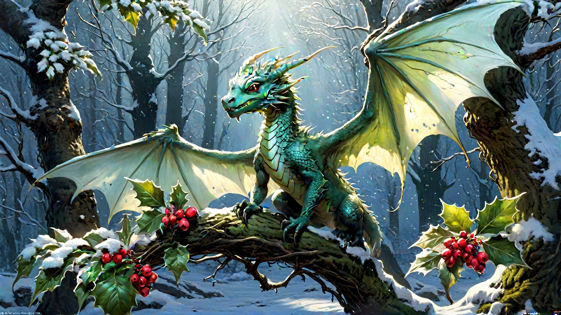 By Marc Simonetti and Hirohiko Araki and Yoji Shinkawa, charlie bowater and todd lockwood || winter theme || a teeny tiny adult nature fae dragon that has the body of a plant and the wings of an insect, the scene shows it sitting on a frozen tree branch, it is holding a holly berry, merry and bright || adorable, heartwarming, uplifting, snowy beautiful december || reflections, ray tracing, iridescence, glow || cgsociety, amazing, intricate, hyperdetailed beautiful, fantasy, artstation, perfect composition
