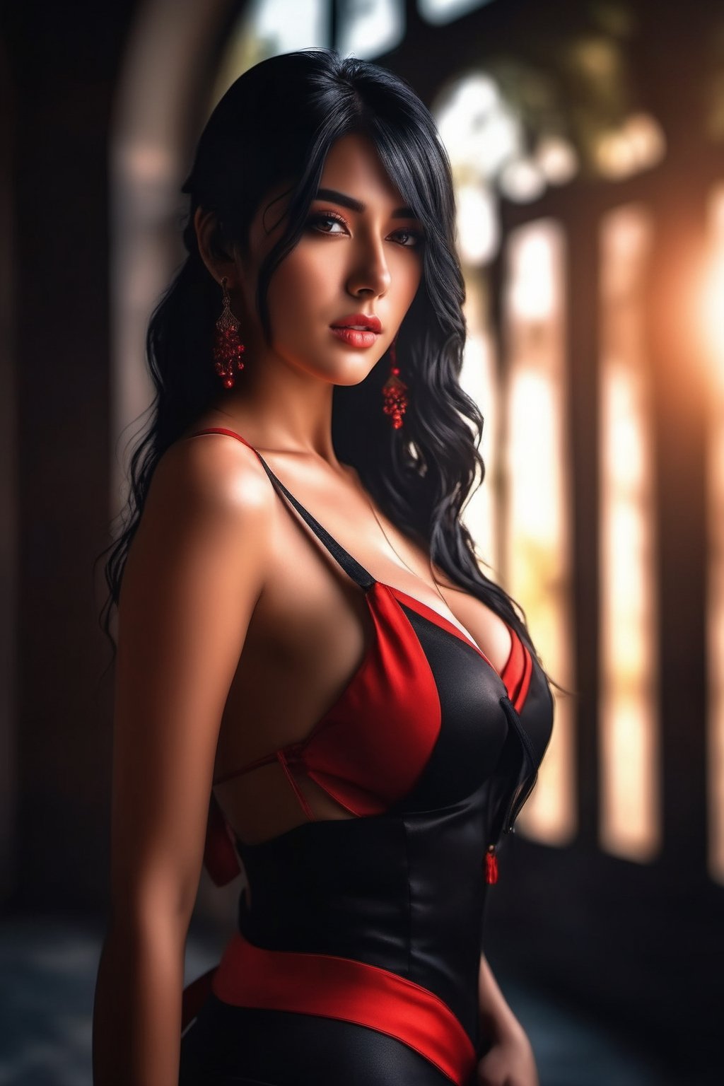 best quality, masterpiece, beautiful and aesthetic, 16K, (HDR:1.4), high contrast, bokeh:1.2, lens flare, (vibrant color:1.4), (muted colors, dim colors, soothing tones:0), cinematic lighting, ambient lighting, sidelighting, Exquisite details and textures, cinematic shot, Warm tone, (Bright and intense:1.2), wide shot, by playai, ultra realistic illustration, siena natural ratio, anime style ((masterpiece, best quality)),A girl with black and red clothes , black hair and black eyes , a ninja outfit , beautiful face , sexy , hot look , 16k , 