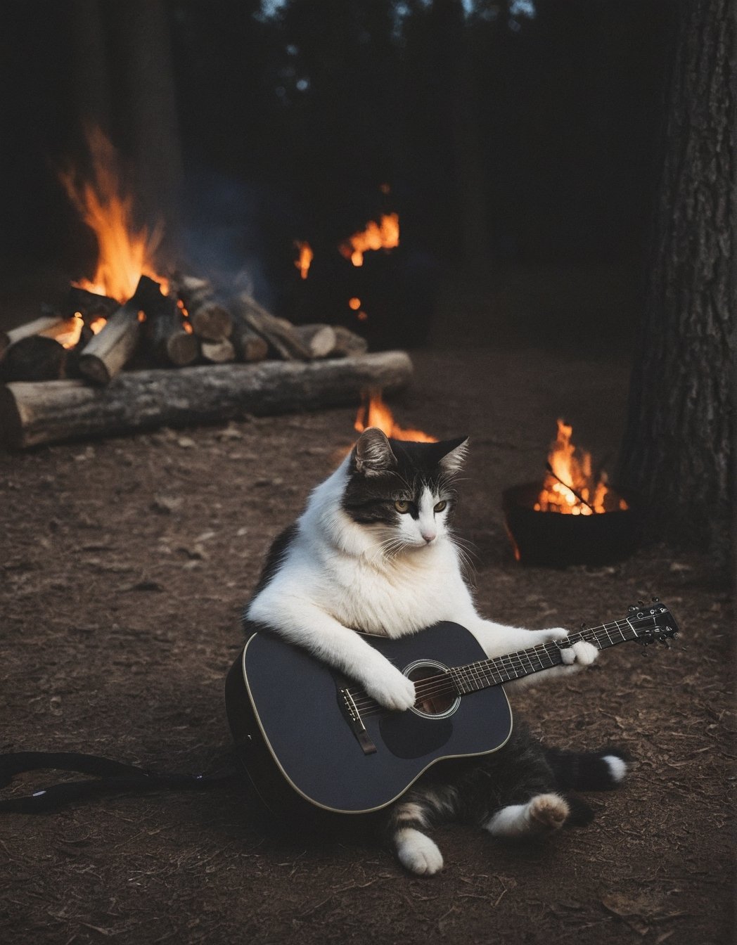 real photo of cat playing acoustic guitar at campfire