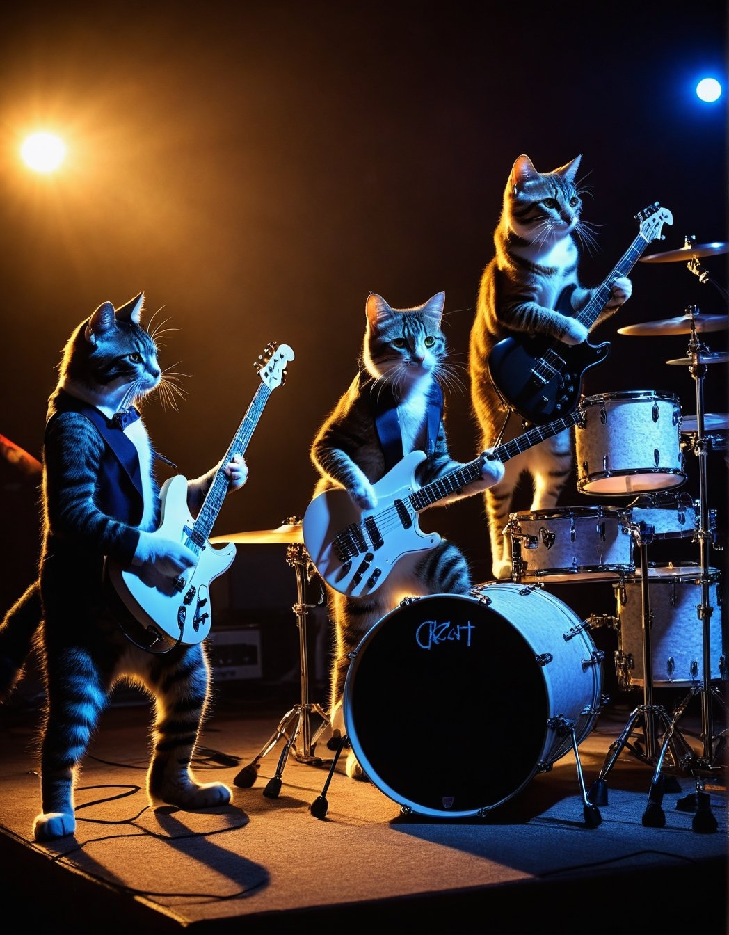 real photo of a real cats,  1_cat_playing_electric_guitar, 2_cat playing_drums, 3_cat_playing_bass_guitar, Rock lighting, 