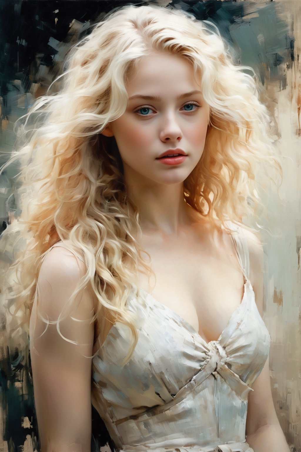 Painting in the style of Jeremy Mann. Warm, subdued colors, tonal transitions, traces of a wide brush, the best quality, high resolution, very detailed portrait, the image of a beautiful, slim 20-year-old Albino blonde. She has long wavy hair, a torn dress, very light, large eyes, light eyebrows. Natural full lips, shapely body, scantily clad in a long linen dress. Fair skin, rosy cheeks. Blond hair, slightly wavy, beautiful curls lie on the chest reaching to the hips. A masterpiece of painting.