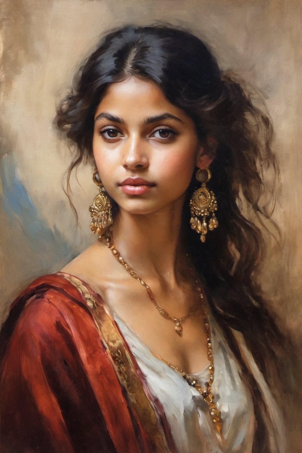 An oil painting in the style of John Singer Sargent and a print by Ivana Besevic, the lighting style of Rembrandt. A beautiful portrait of a 20-year-old Indian girl. A detailed, beautiful, girlish face. Narrow nose, beautiful, large eyes and full lips