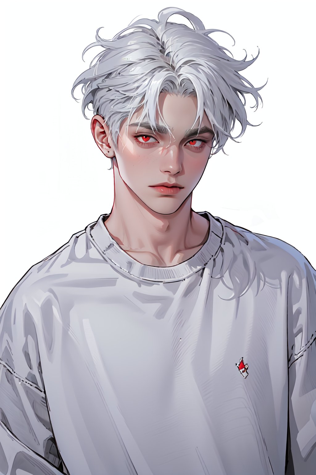 man with white haired and red eyes and wolfcut haired using grey crewneck in white background