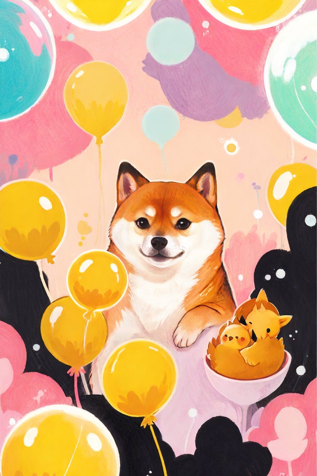 Fashion design, poster design, trendy, flat, pop style, Shiba Inu, chick, bubble text, illustration, exquisite,