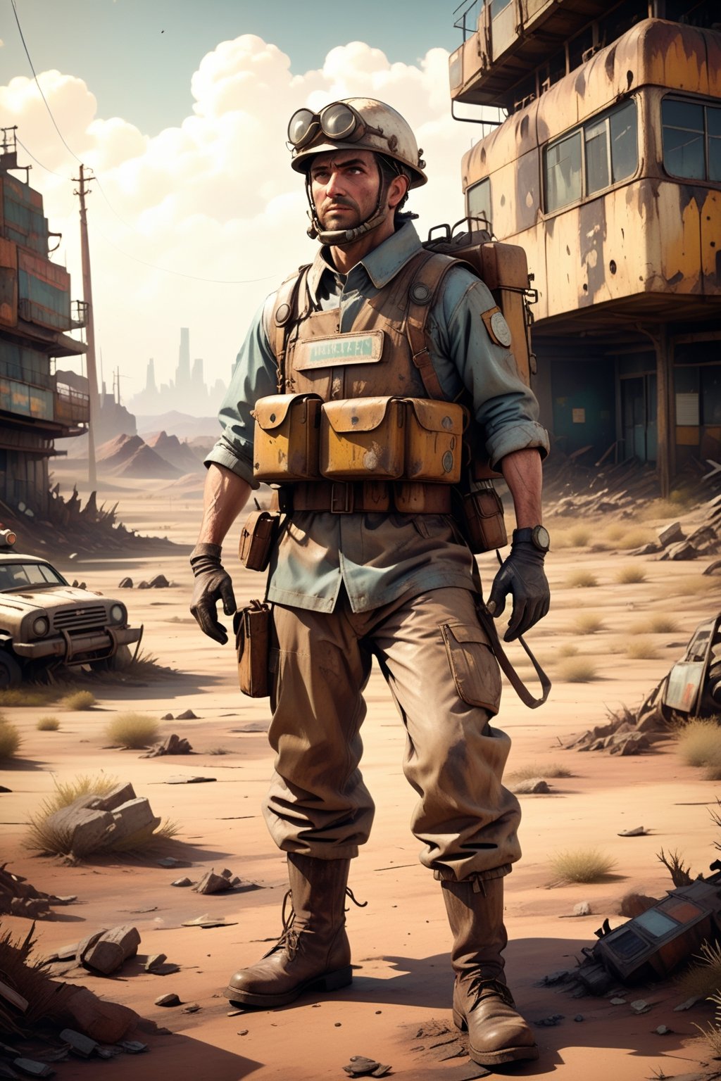 (((masterpiece))),best quality, illustration, Picture a rugged post-apocalyptic survivor, reminiscent of a 1950's milkman, navigating a harsh wasteland. Dressed in a modified milkman uniform, complete with a utility belt and protective gear, this warrior carries hope and determination in a world gone awry, blending vintage charm with survival instincts, highly detailed