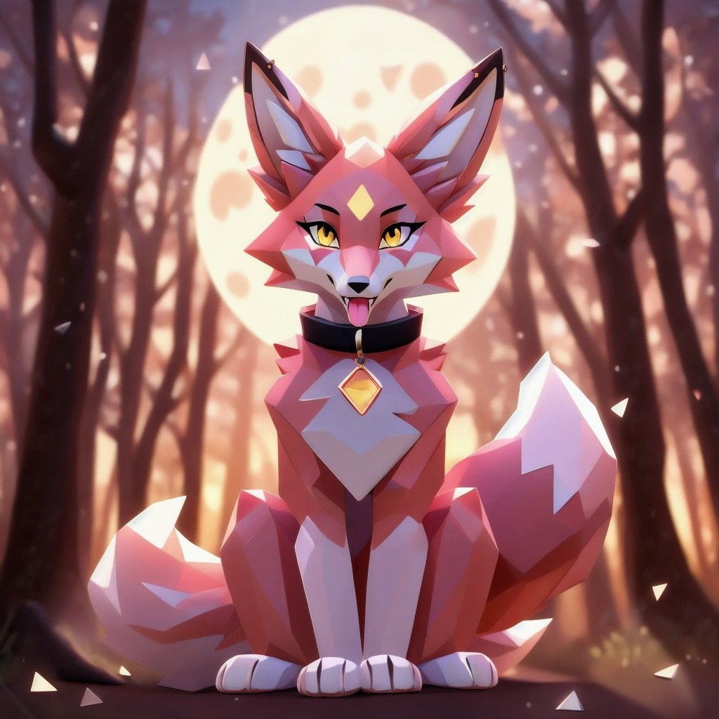 solo low polygon vixen, pink fur and countershading, pink hair, pink tail, yellow eyes, fox paws in hair, have collar, on her back, visible tongue, visible fangs, have piercings, background, moon light, reflected light on the fur, backlighting,masterpiece, shaded, high detail, low poly res, low poly style,Spirit Fox Pendant