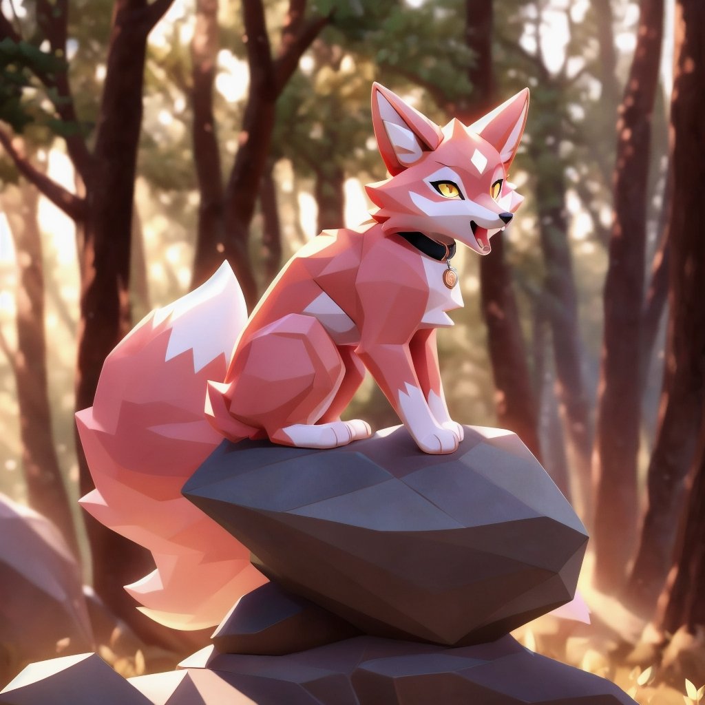 solo low polygon vixen, pink fur and countershading, pink hair, pink tail, yellow eyes, visible fox paws, have collar, on top of a rock , open mouth, visible fangs, have piercings, background, shadow, sun light, reflected light on the fur, backlighting,masterpiece, shaded, high detail, low poly res, low poly style,Spirit Fox Pendant